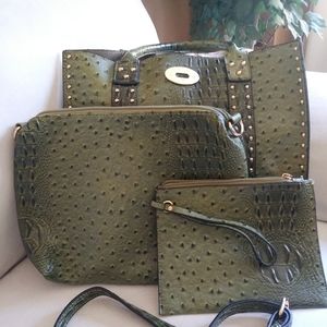 Three Piece Olive Ostrich Look Bag Set